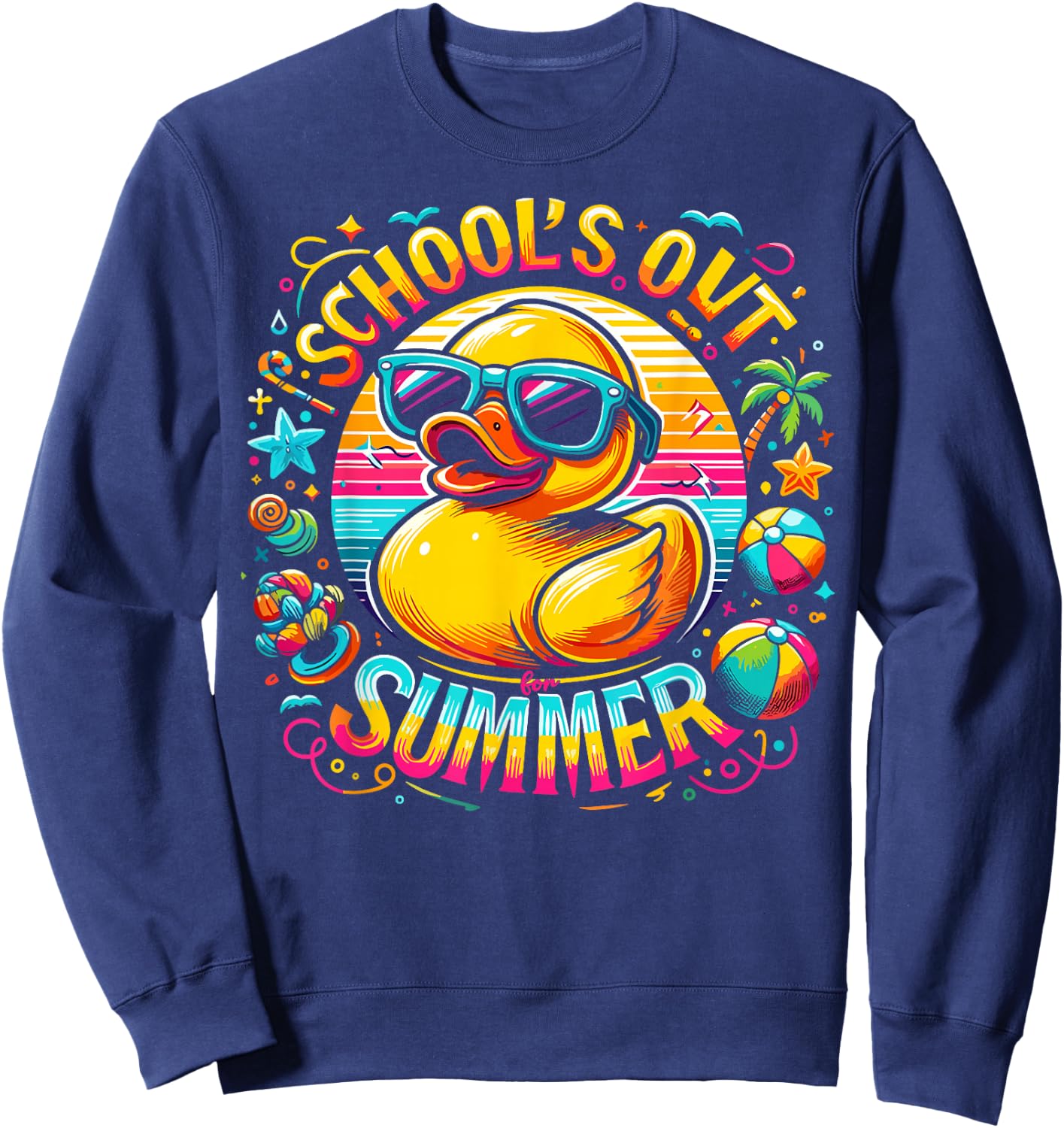 Schools Out For Summer Teacher Girls Boys Kids Yellow Duck Sweatshirt - Sweatshirt | Navy