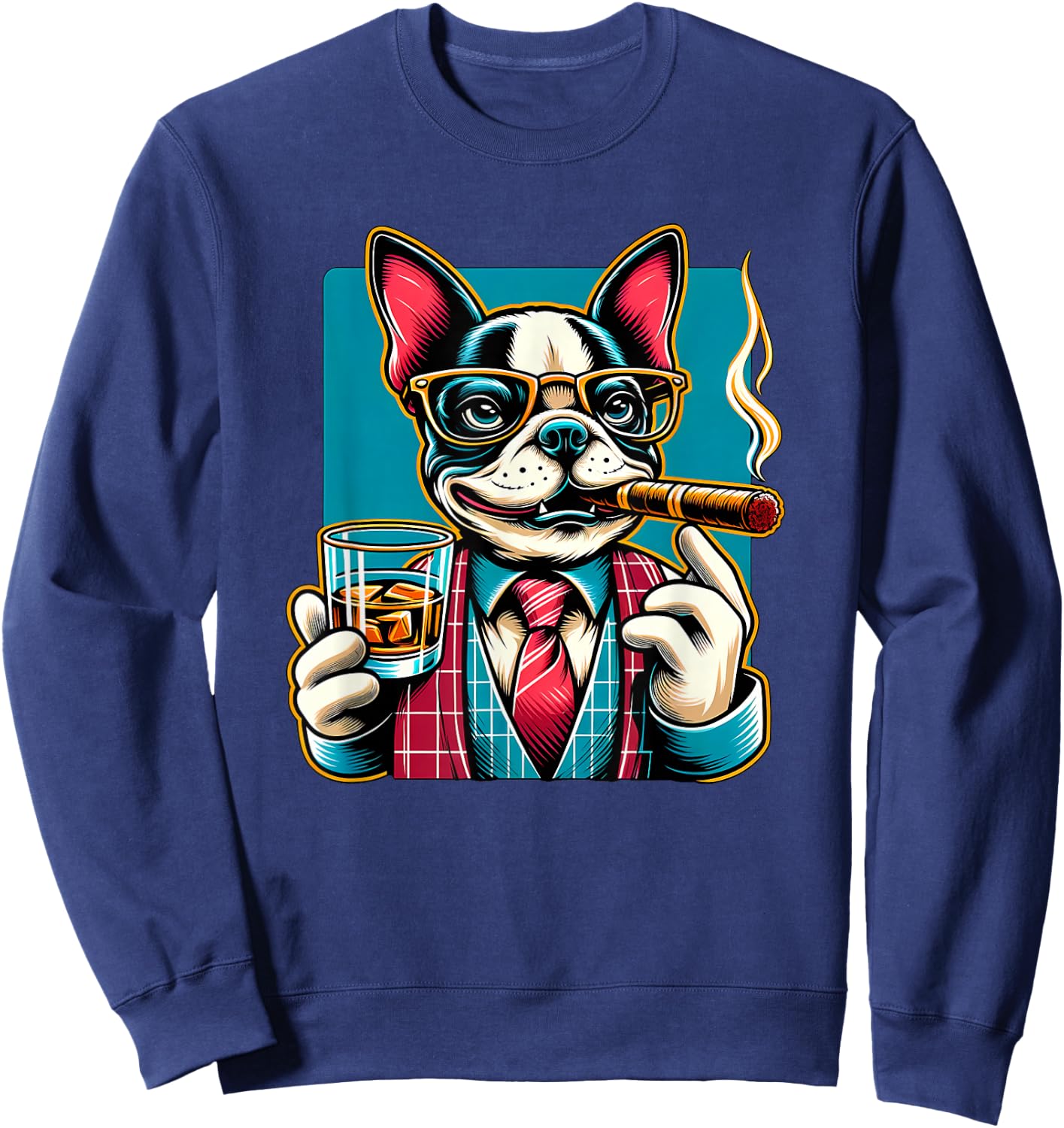 Boston Terrier dog Cigar And Whiskey Sweatshirt - Sweatshirt | Navy