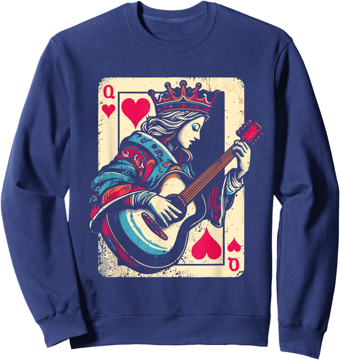 Queen of Hearts Guitarist - Vintage Guitar Card Game Lover Sweatshirt - Sweatshirt | Navy