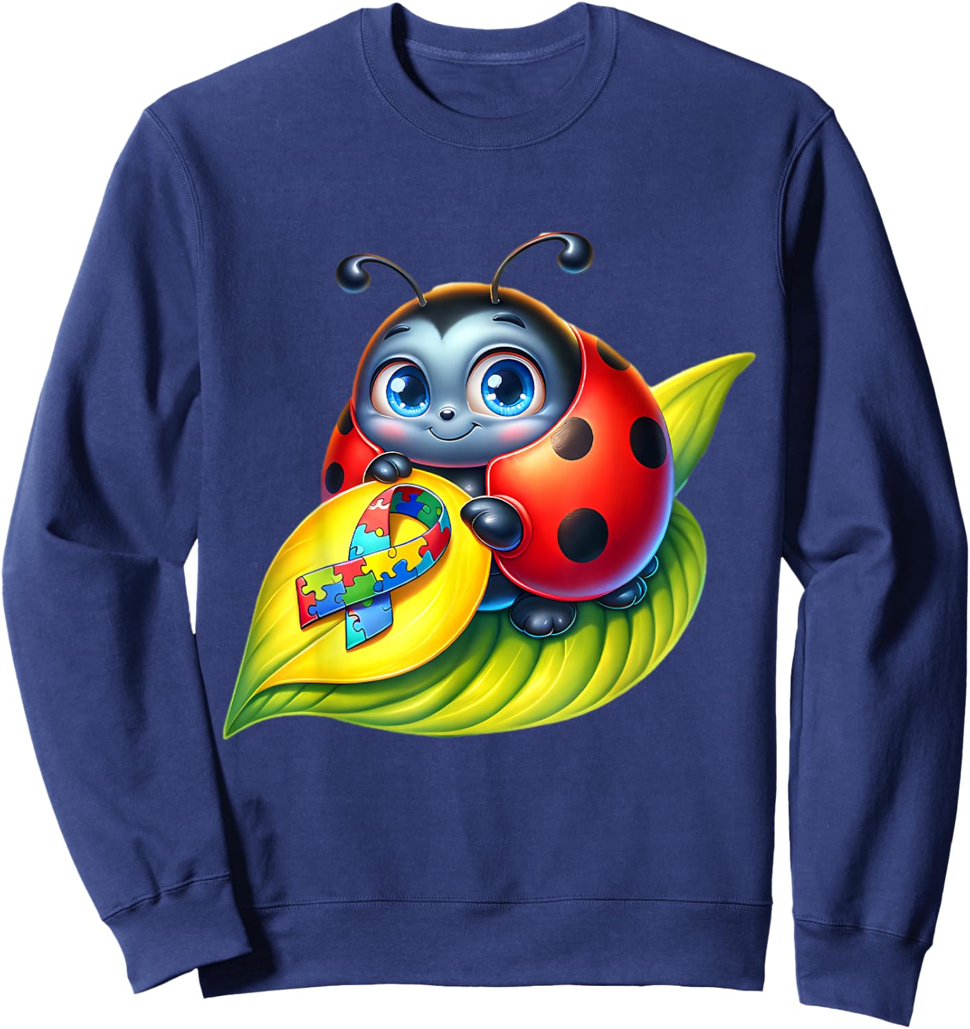 Autism Awareness Cute Ladybug Yellow Red Blue Bug Ribbon Sweatshirt - Sweatshirt | Navy