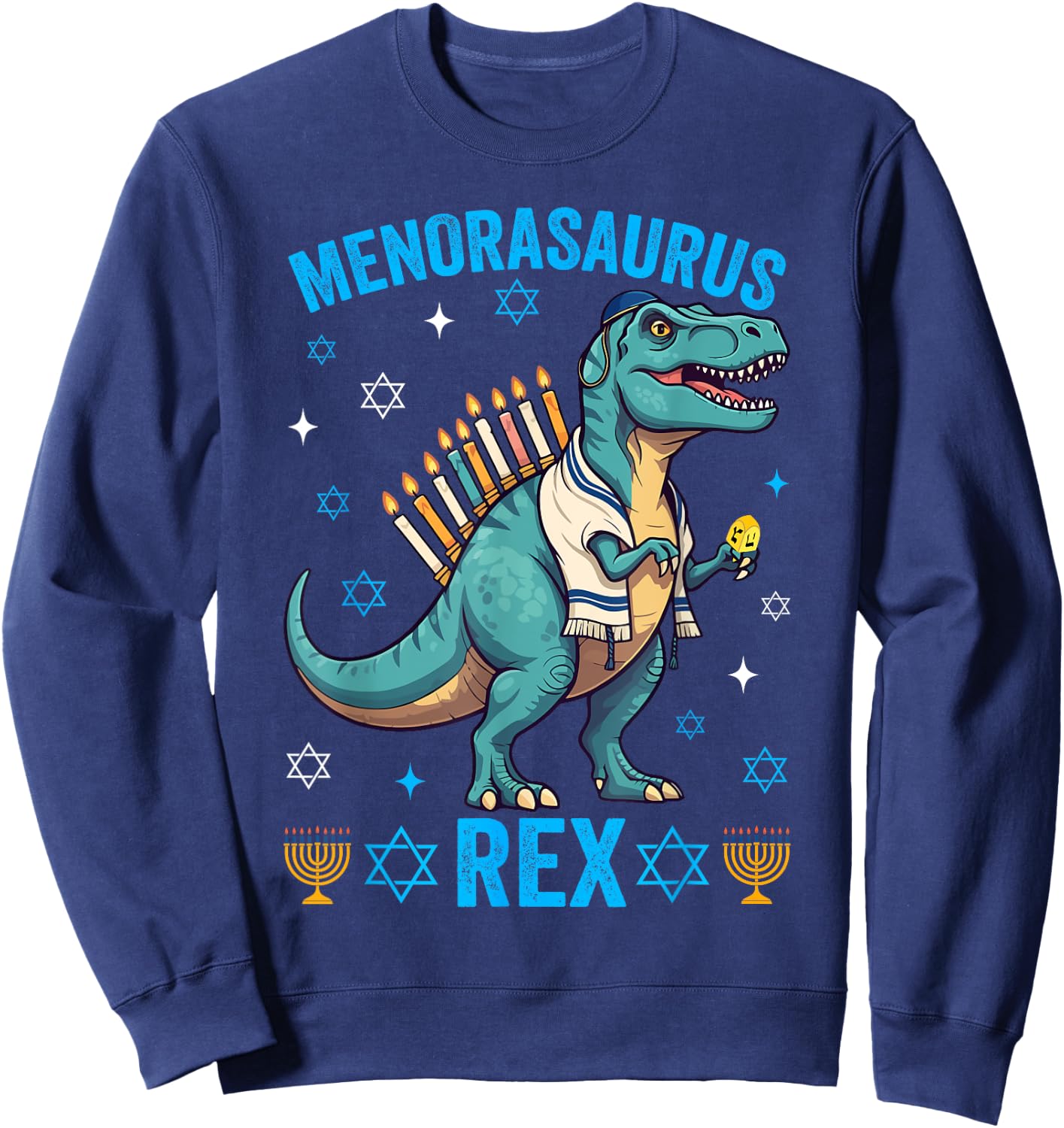 Funny Hanukkah Menorasaurus Trex Dinosaur Jewish Chanukah Sweatshirt - Sweatshirt | Navy