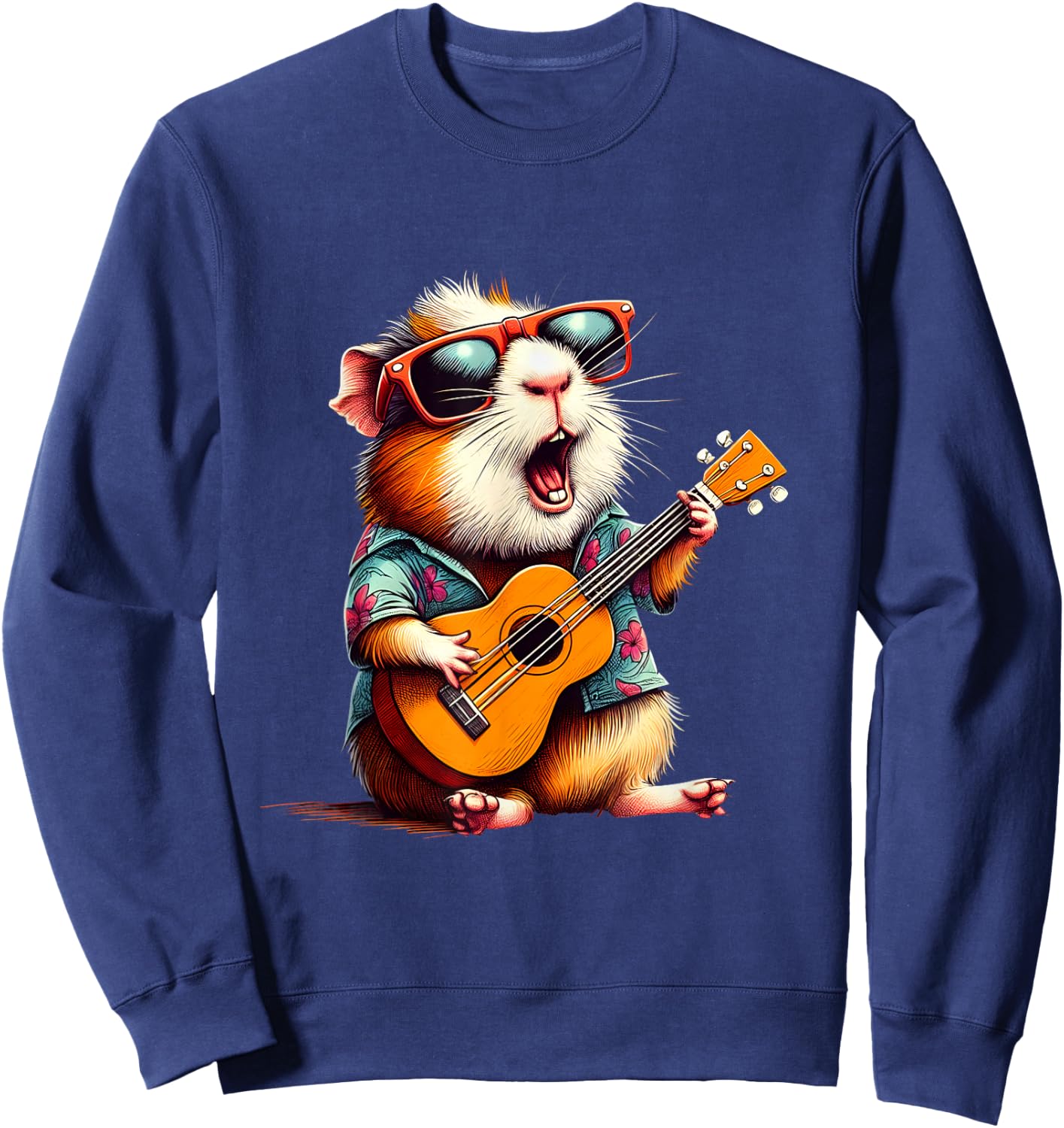 Guinea Pig Wearing a Hawaiian Shirt, Playing a Ukulele Sweatshirt - Sweatshirt | Navy