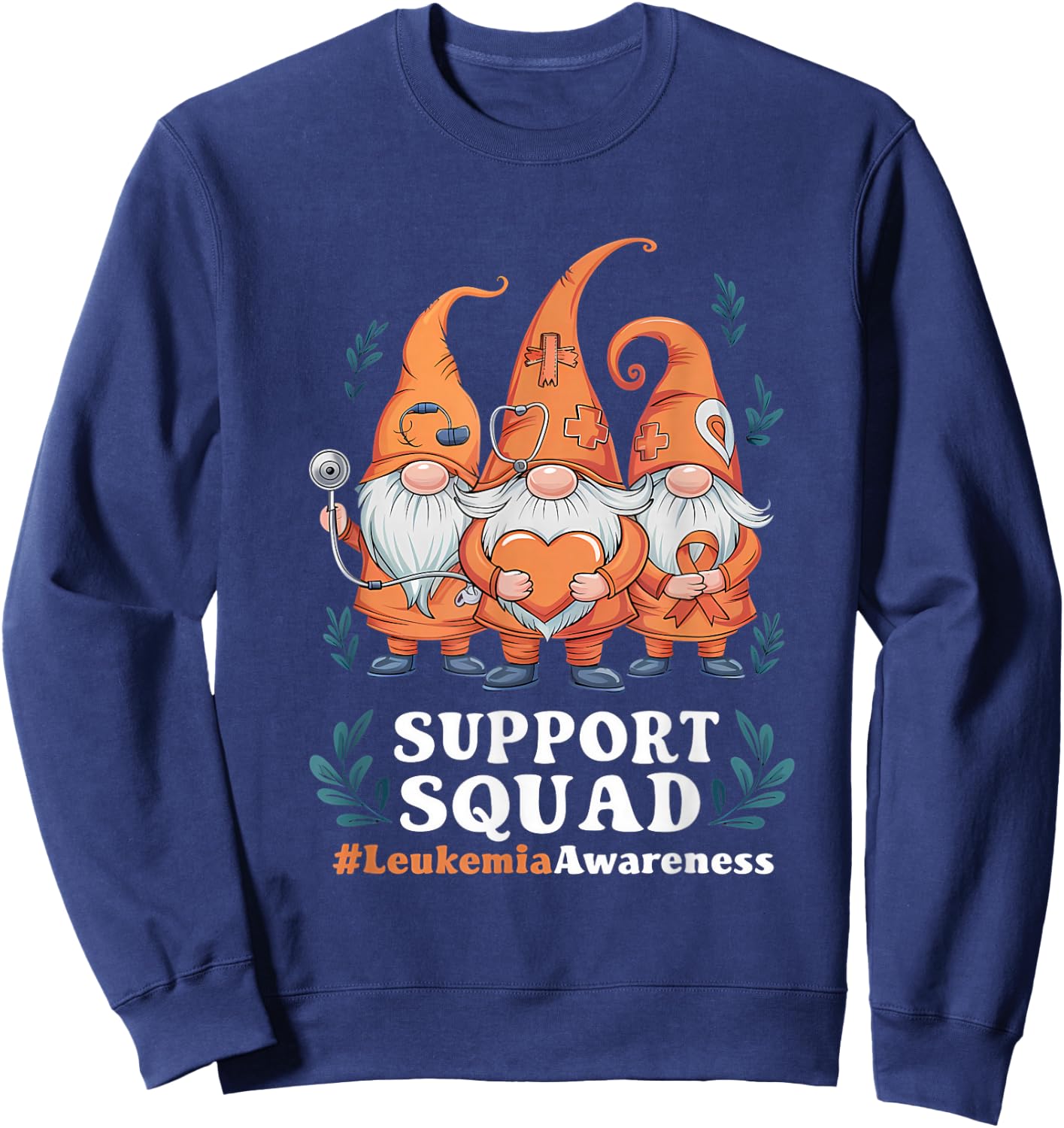 Leukemia Cancer Awareness Gnome Support Squad Orange Ribbon Sweatshirt - Sweatshirt | Navy