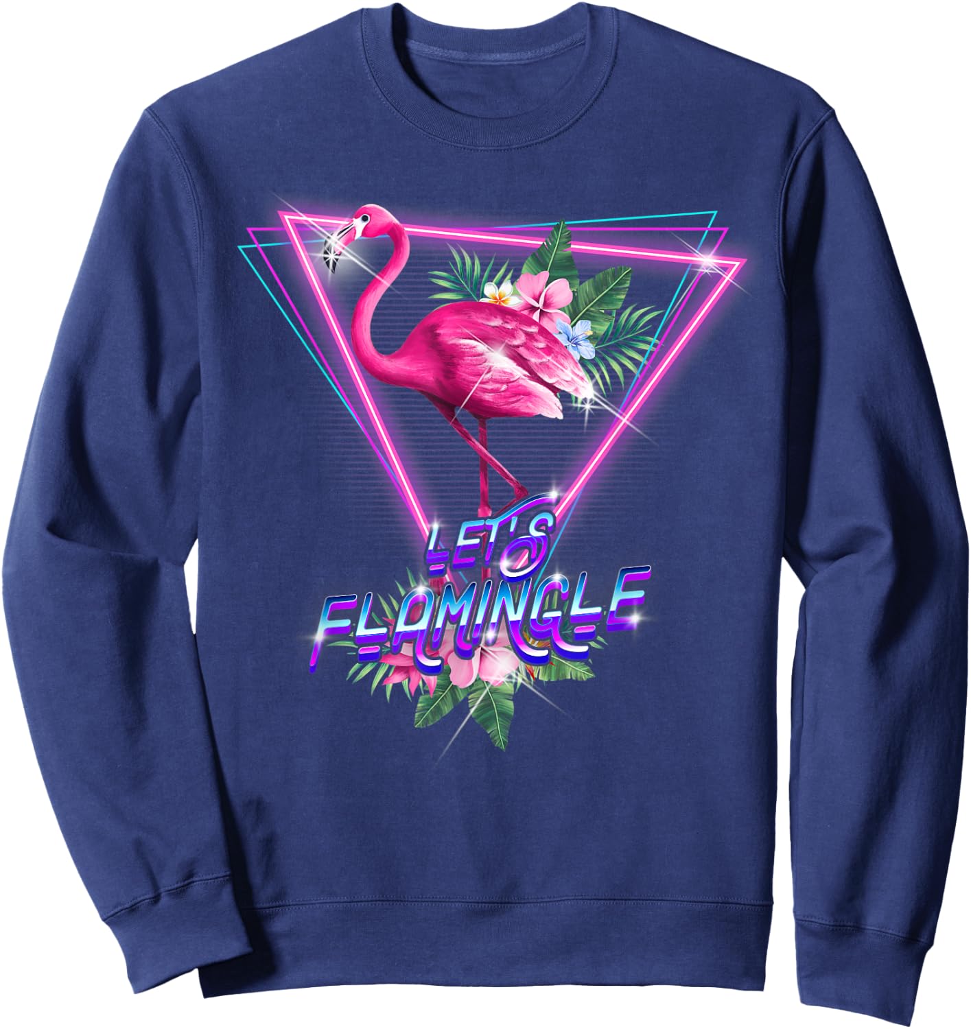 Retro 80s Botanical Tropical Leaf Flowers Let's Flamingle Sweatshirt - Sweatshirt | Navy