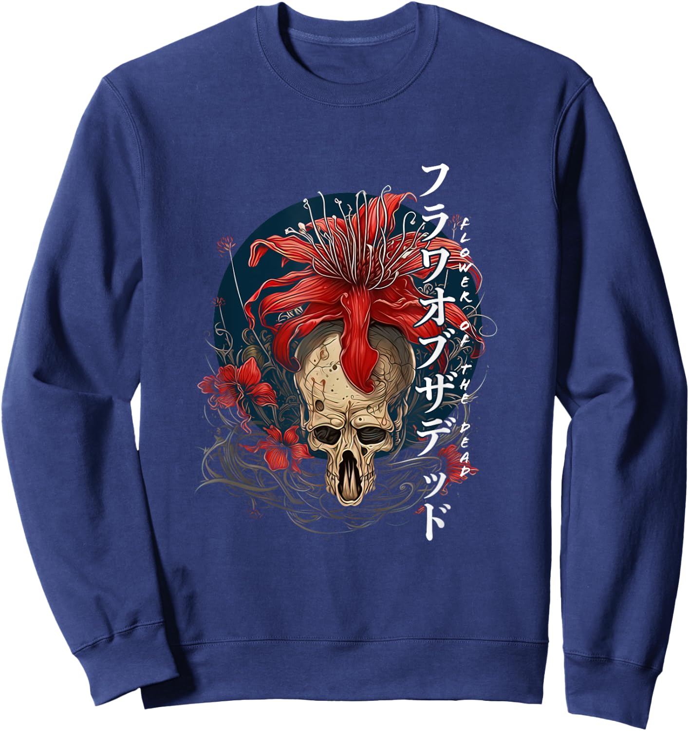 Soft Grunge Anime Aesthetic Flower Japanese Spider Lily Sweatshirt - Sweatshirt | Navy
