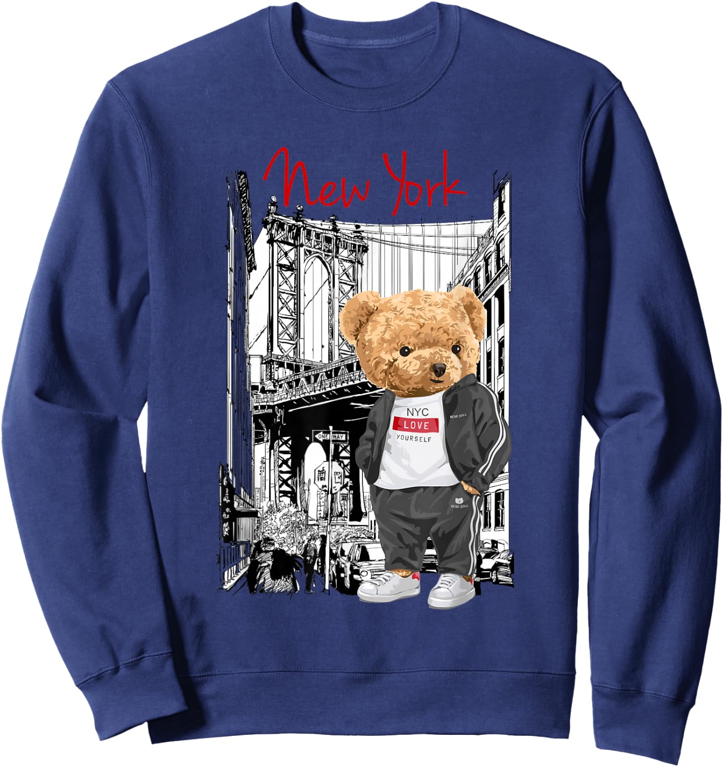 Cool New York City Teddy Bear Illustration Graphic Designs , Black, S Sweatshirt - Sweatshirt | Navy