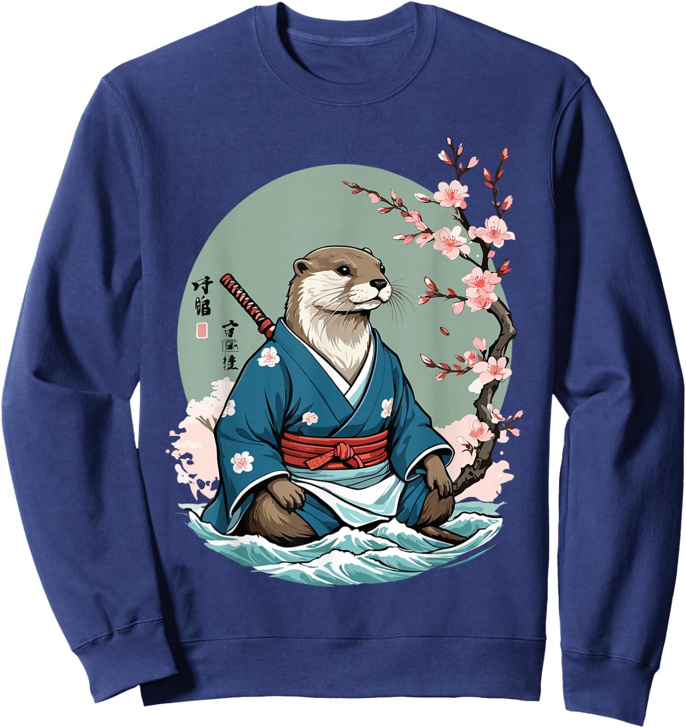 Aesthetic Otter Samurai in Water Funny Vintage Japan Sweatshirt - Sweatshirt | Navy