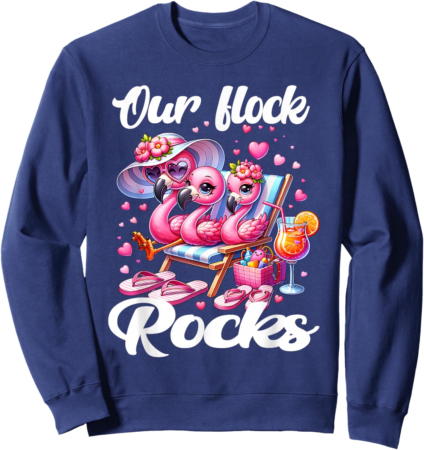 Our Flock Rocks Flamingo Summer Vacation Family Matching Sweatshirt - Sweatshirt | Navy