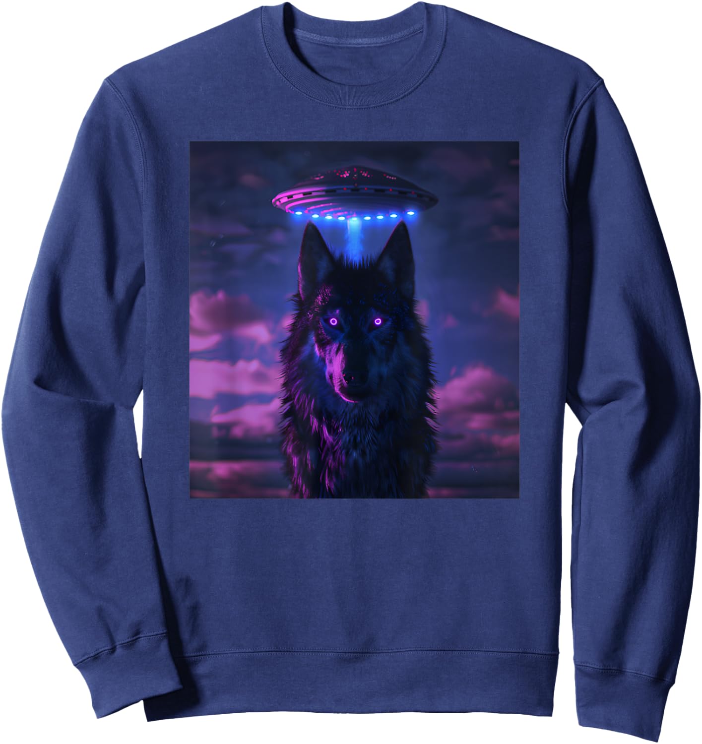 Wolf Selfie with UFO in Nature Women Outdoor Animal Sweatshirt - Sweatshirt | Navy