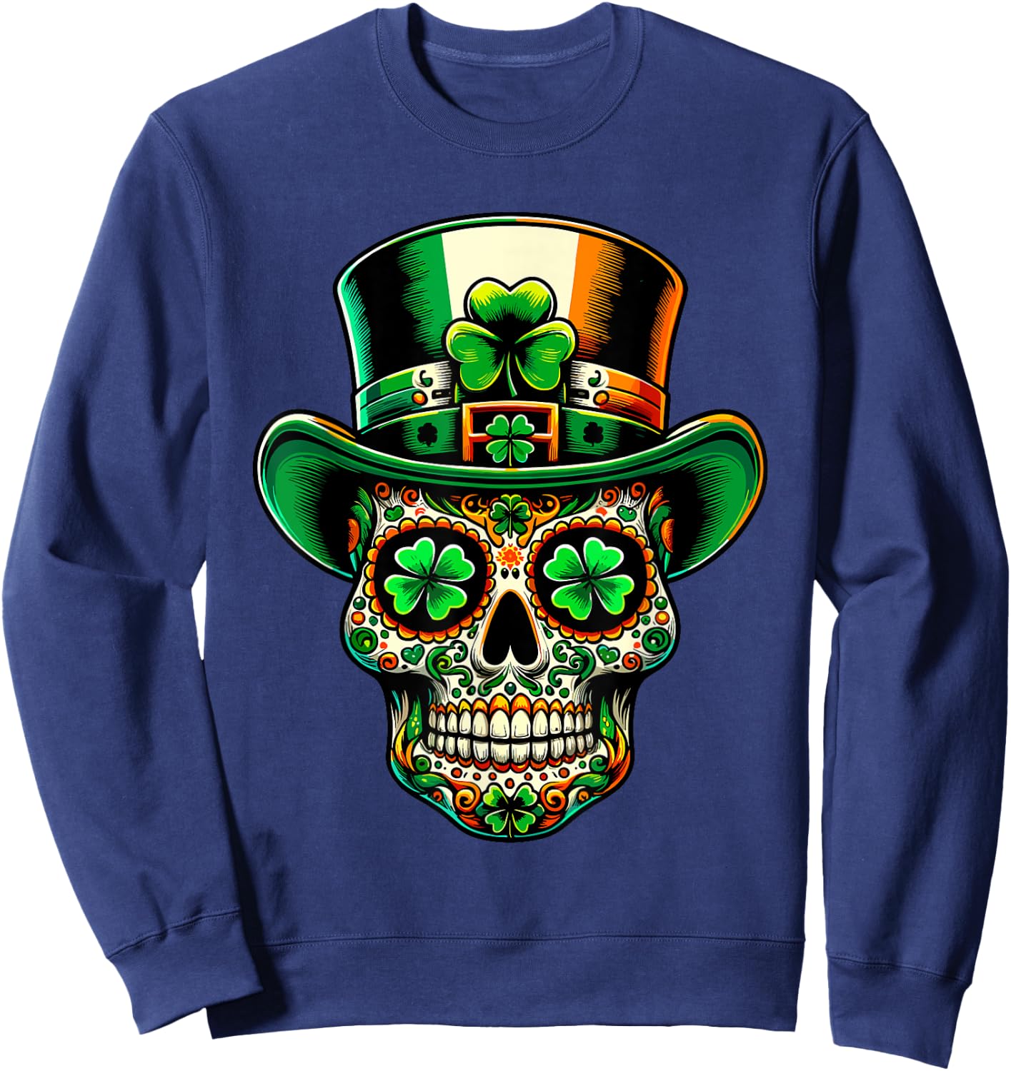 Ireland Sugar Skull Clover Irish St Patricks Day Costume , black Sweatshirt - Sweatshirt | Navy