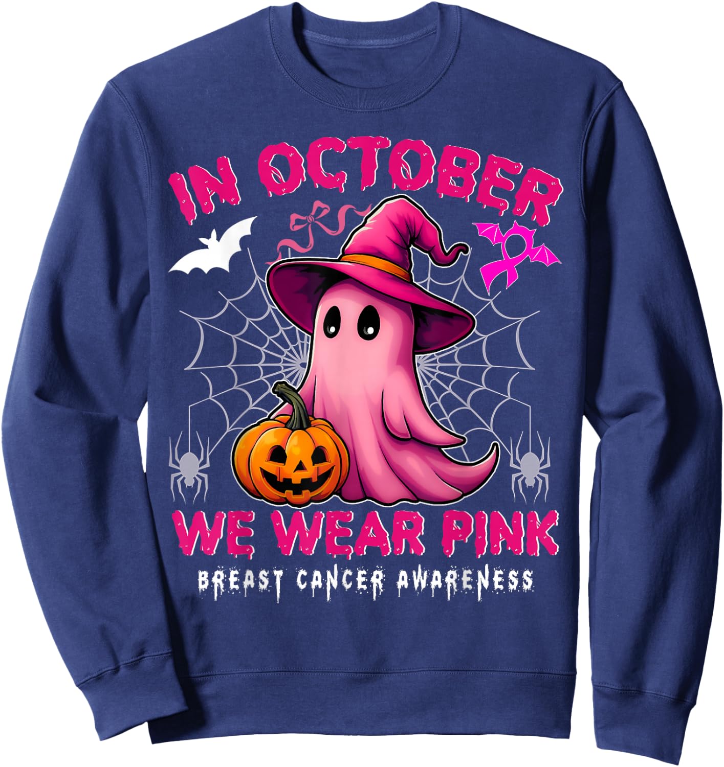 In October We Wear Pink Breast Cancer Awareness Halloween Sweatshirt - Sweatshirt | Navy