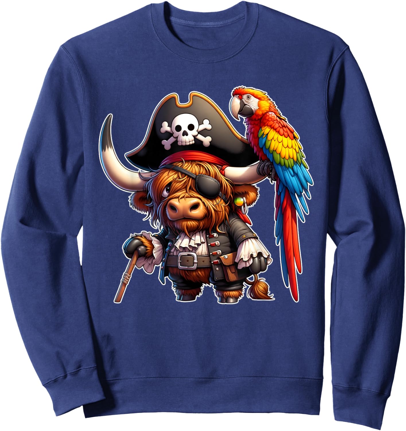 Pirate Highland Cow with Colorful Parrot Sweatshirt - Sweatshirt | Navy