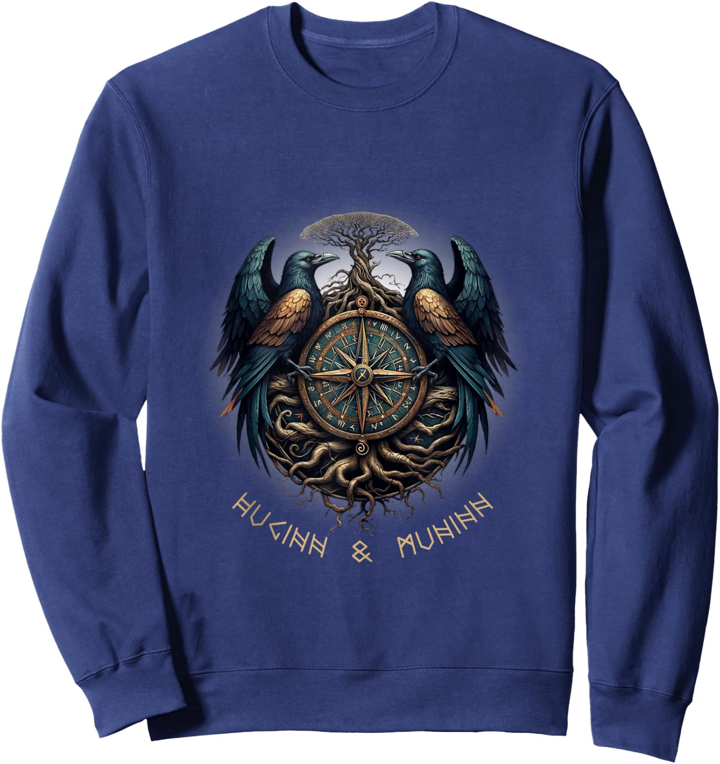 Odin Ravens Huginn & Muninn Vegvisir Vikings Myth Sweatshirt - Sweatshirt | Navy