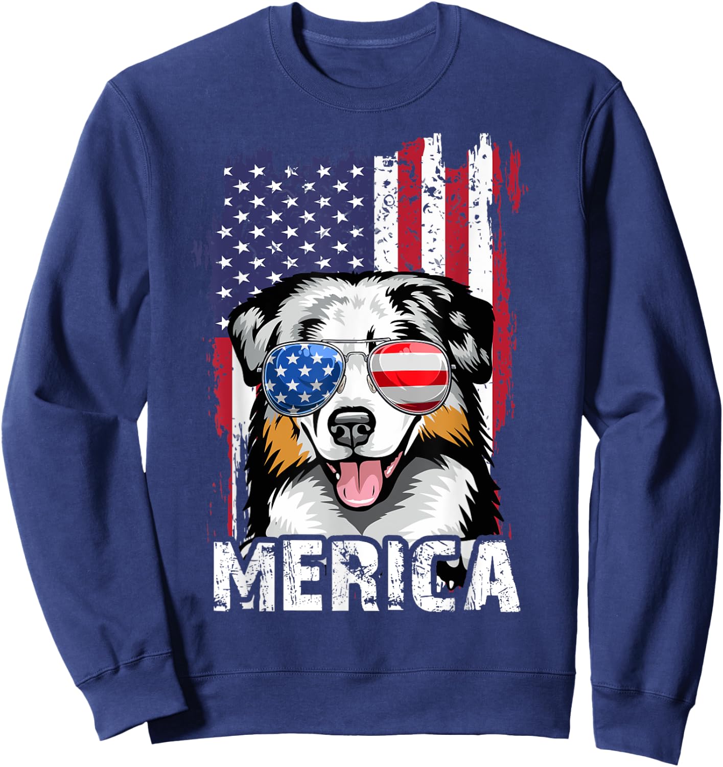 Merica Australian Shepherd 4th of July USA Flag Aussie Dog Kids Men Sweatshirt - Sweatshirt | Navy
