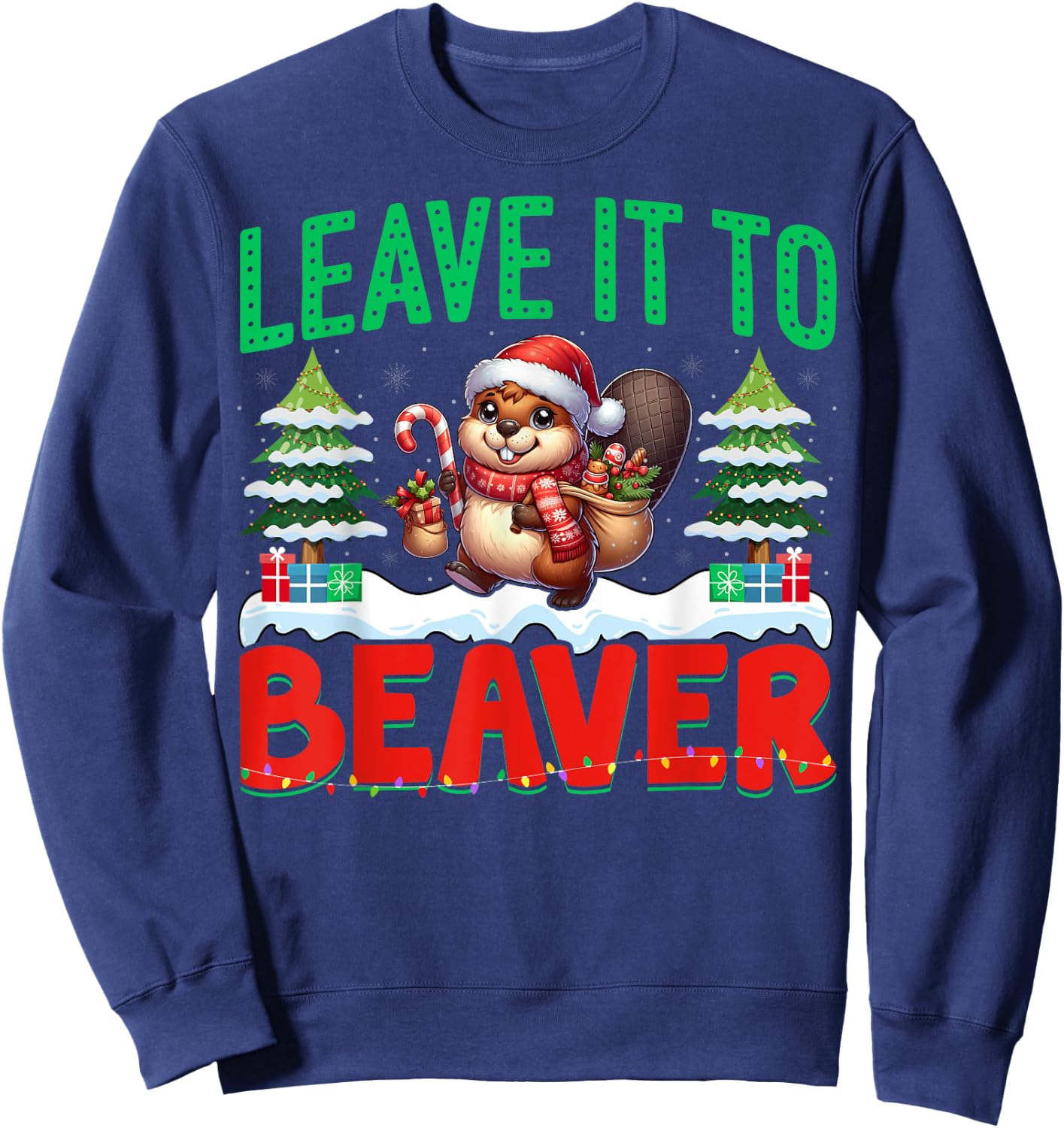 Beaver Santa Hat Xmas Lights - Leave It To Beaver Christmas Sweatshirt - Sweatshirt | Navy