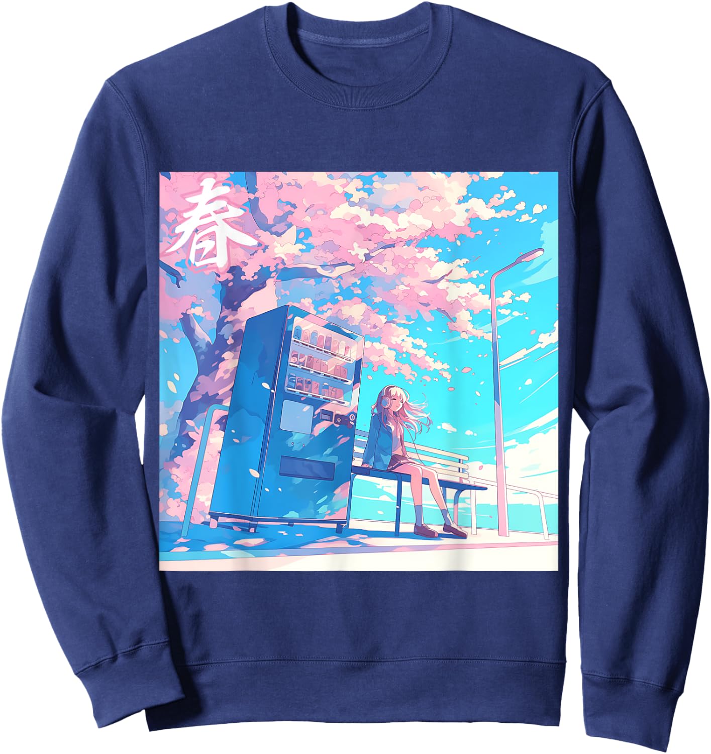 Spring Girl Under Cherry Blossom Tree Otaku Lofi Aesthetic Sweatshirt - Sweatshirt | Navy