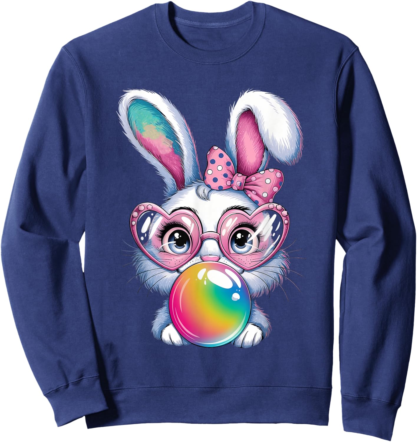 Bunny Easter Girls Coquette Bow Bubble Gum Rabbit Easter Sweatshirt - Sweatshirt | Navy