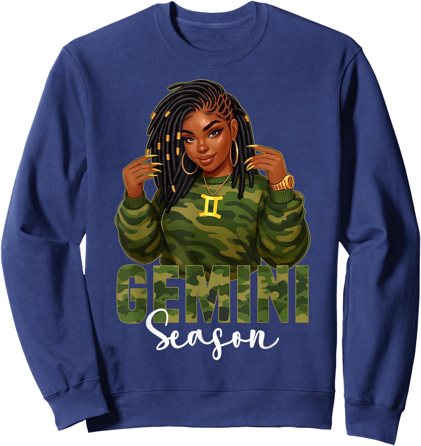 Gemini Season Loc'd Black Woman Camo Zodiac Sign Sweatshirt - Sweatshirt | Navy