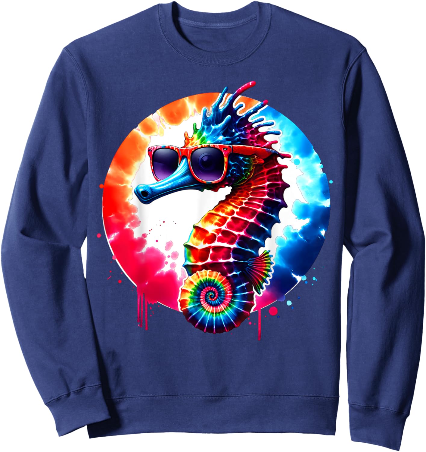 Cool Graphic Tie Dye Sunglasses Seahorse Illustration Art Sweatshirt - Sweatshirt | Navy