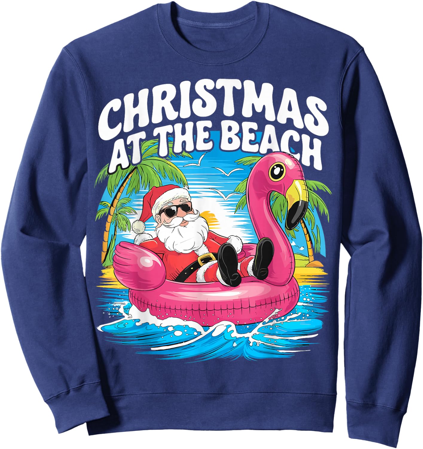 Flamingo Float Santa Claus Christmas At The Beach Sweatshirt - Sweatshirt | Navy
