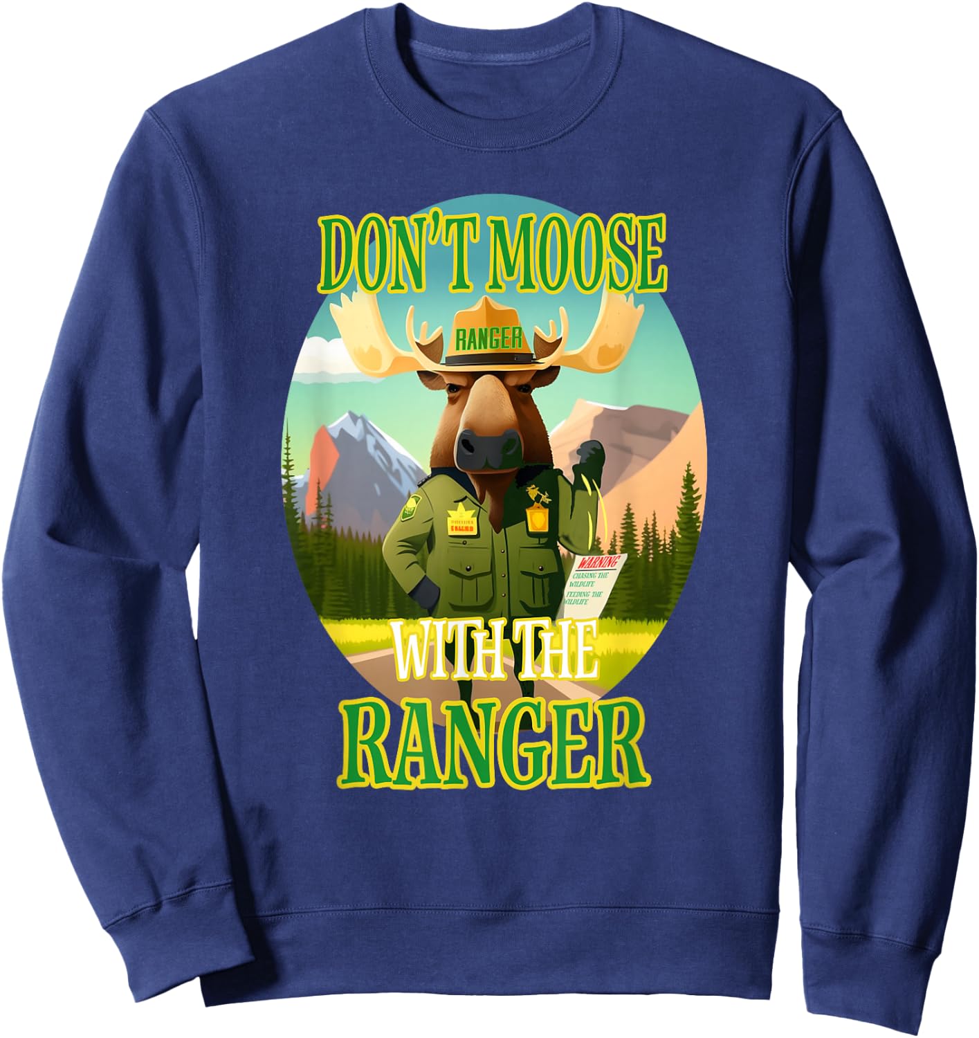 Manic Merchant Moose 'Don't Moose with the Ranger' -Adults Black Cotton/Polyester Classic Fit Short Sleeve Sweatshirt - Sweatshirt | Navy