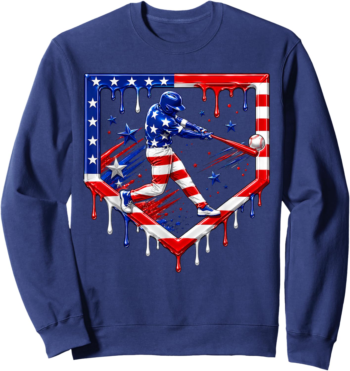 Baseball Drip Ice Cream USA Flag 4th of July Boys Youth Kids Sweatshirt - Sweatshirt | Navy