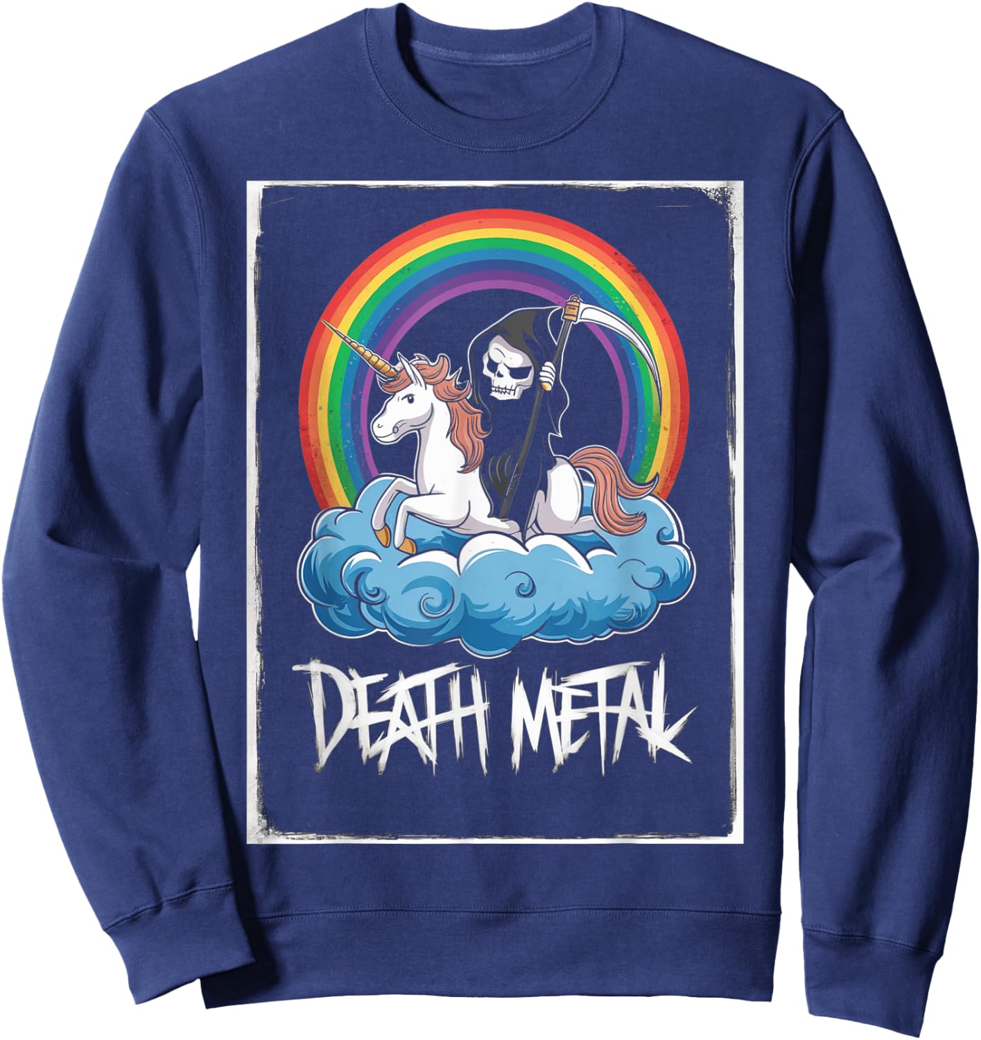 Grim Reaper Rides Unicorn Under Rainbow Death Metal Rocker Sweatshirt - Sweatshirt | Navy