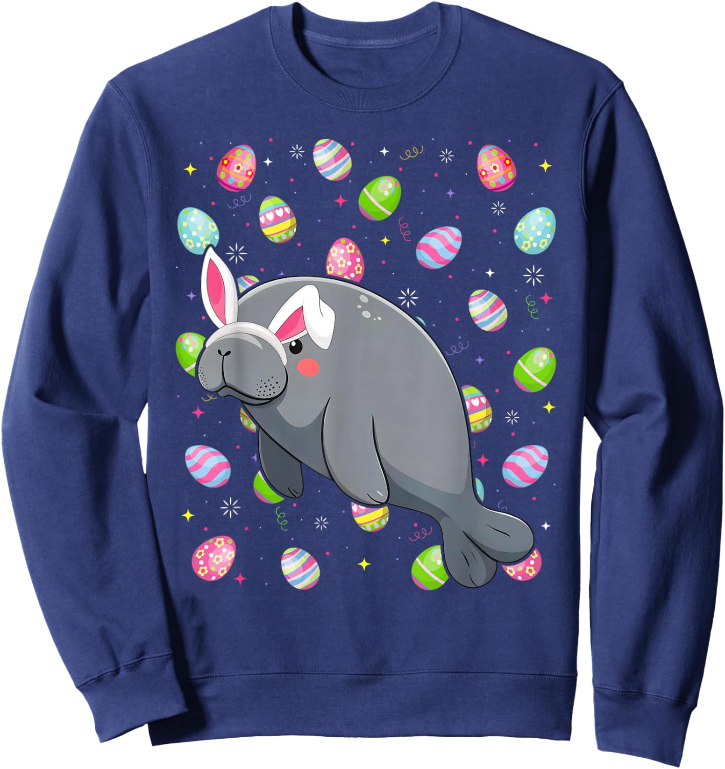 Manatee Happy Easter Egg Hunt Bunny Ear Manatee Easter Sweatshirt - Sweatshirt | Navy
