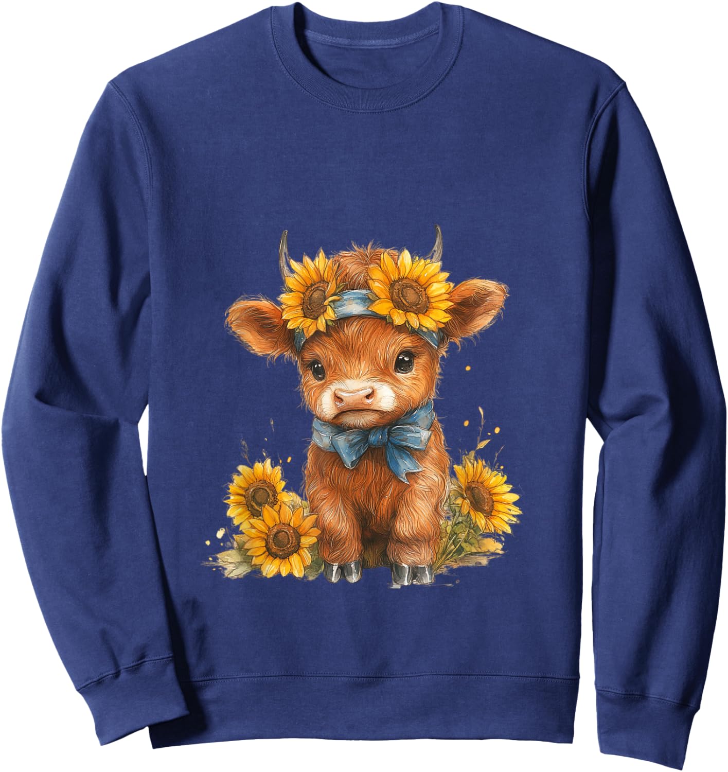 Cute Highland cow with sunflowers country Heifer Farm Farmer Sweatshirt - Sweatshirt | Navy
