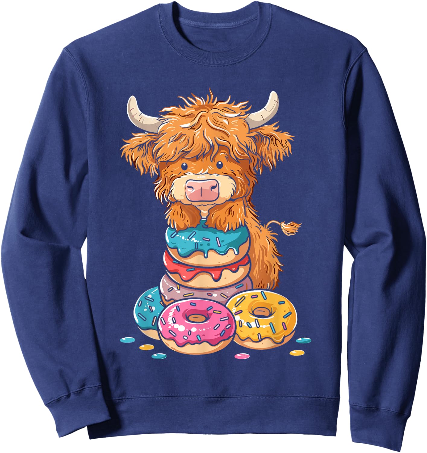 Donut Lover Cute Highland Cow Sprinkle Doughnut Sweatshirt - Sweatshirt | Navy