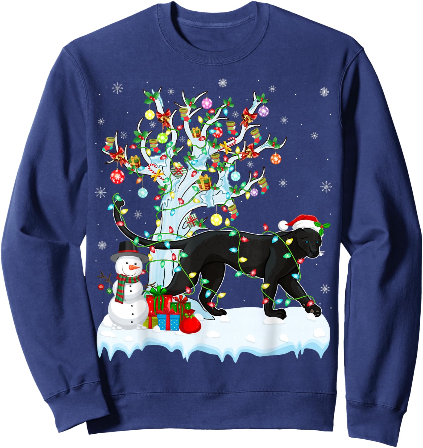 Panther Xmas Lighting Tree Santa Hat Panther Christmas Sweatshirt - Sweatshirt | Navy