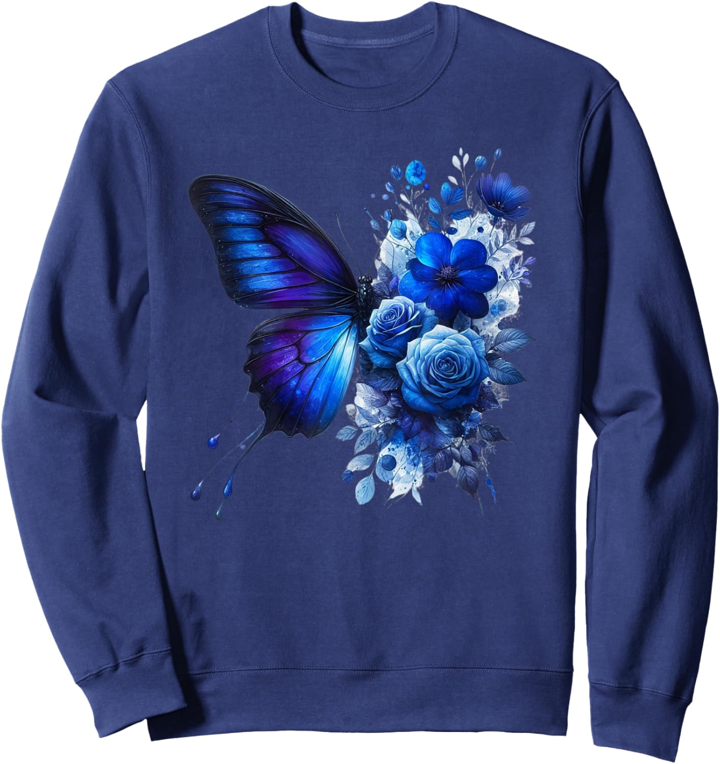 Butterfly Flowers Floral Vintage Butterflies Mom Blue Roses Sweatshirt - Sweatshirt | Navy