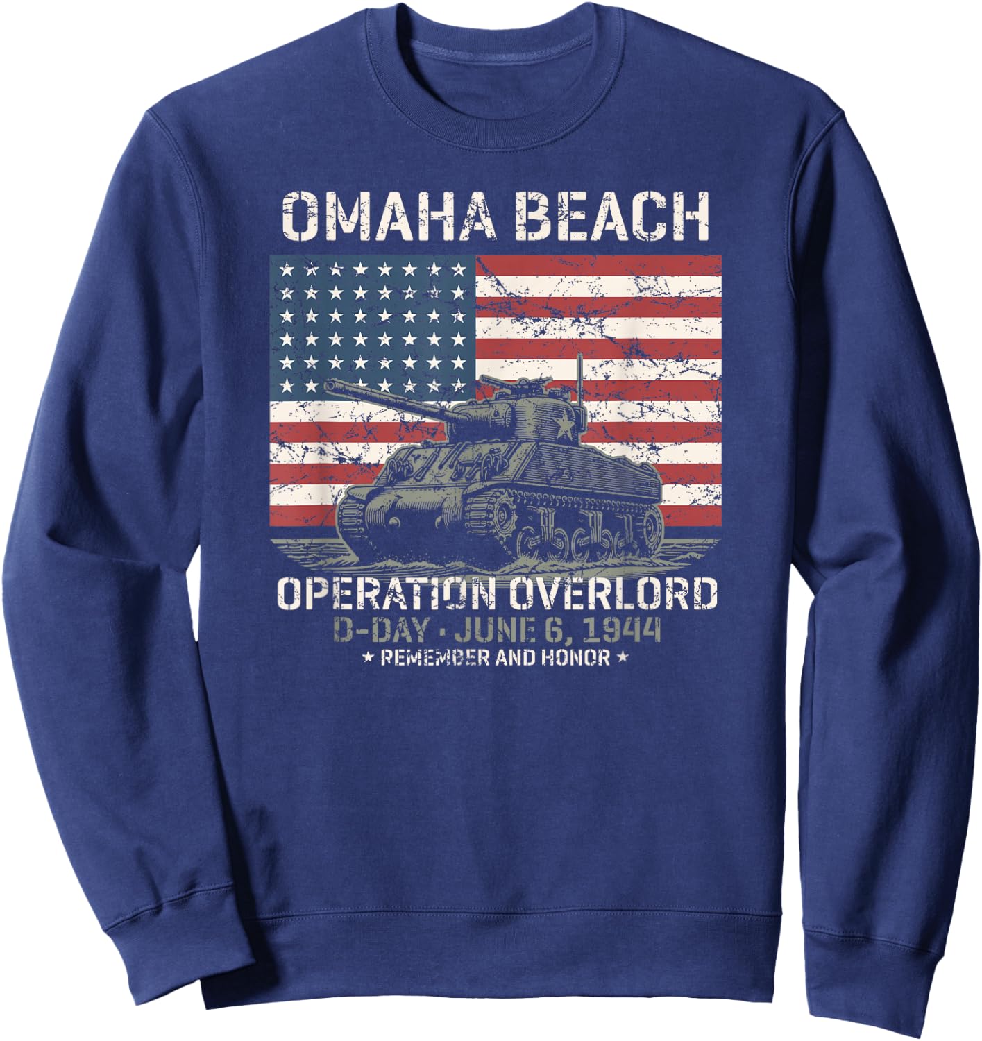 Impression vieillie sur Le Char de l'opération Overlord d'Omaha Beach D-Day 1944 Sweatshirt - Sweatshirt | Navy