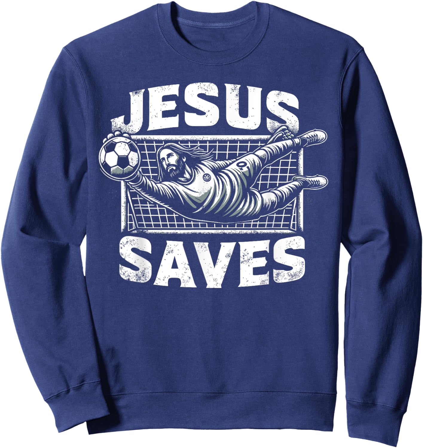 Vintage Jesus Saves Soccer Goalie Sweatshirt - Sweatshirt | Navy
