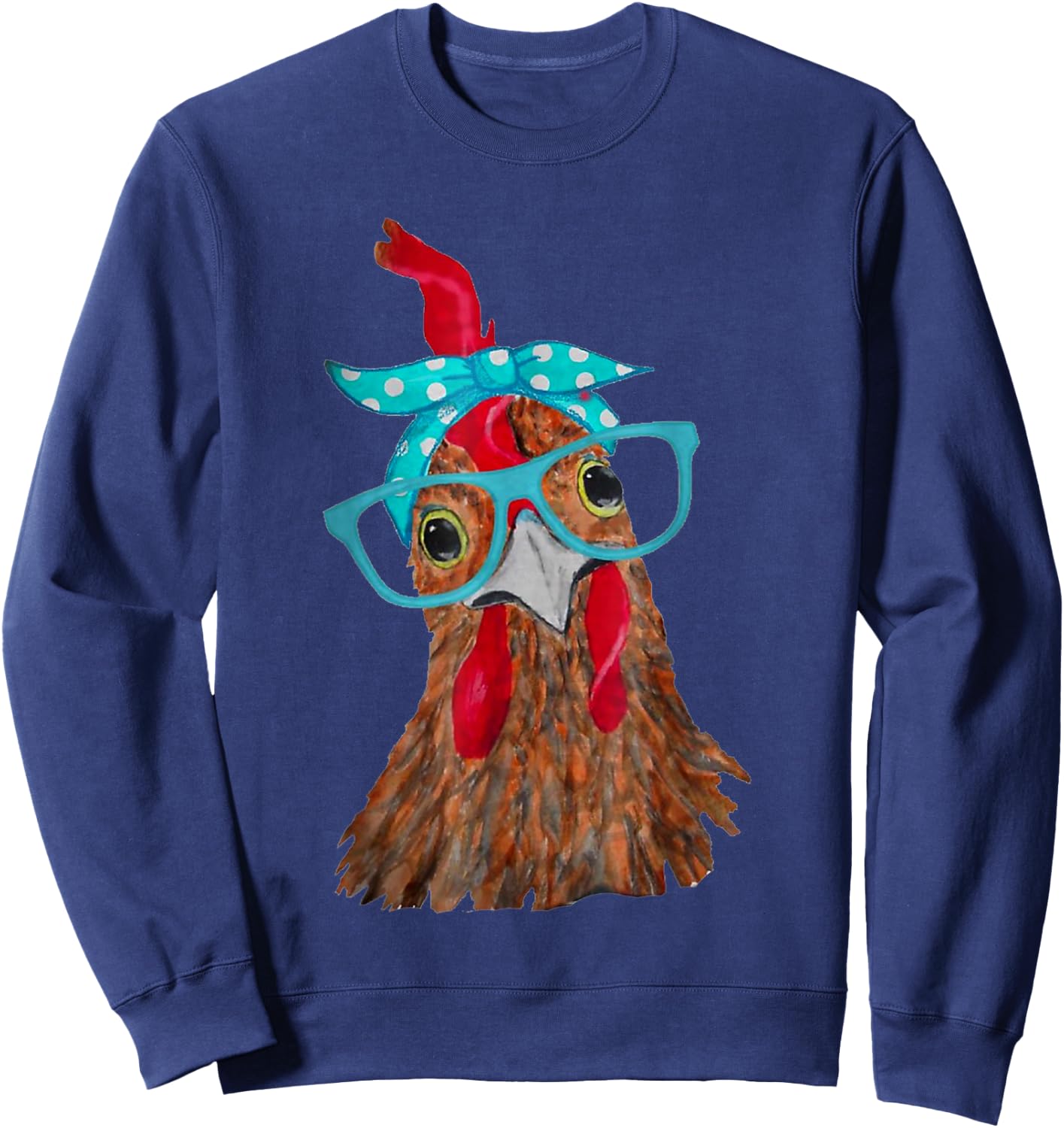 cute Women Girl Chicken With Bandana Headband and Glasses Sweatshirt - Sweatshirt | Navy