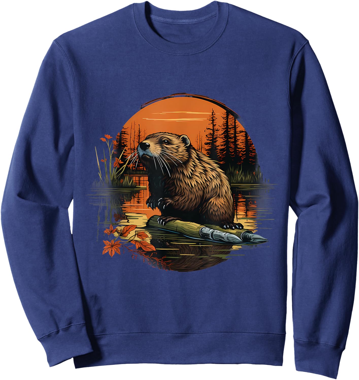 Beaver Forest Landscape Artwork Animal Art Nature Wildlife Sweatshirt - Sweatshirt | Navy