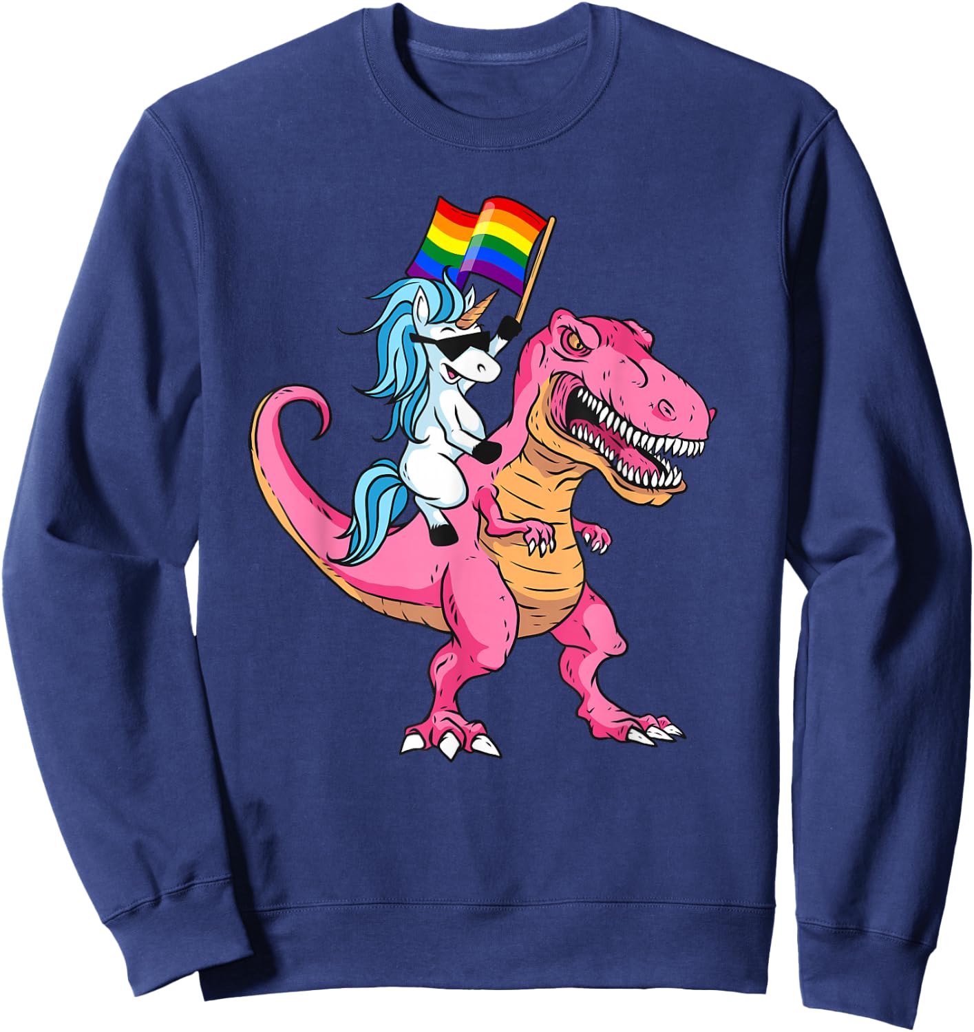 Unicorn Riding Dinosaur Pride Flag LGBTQ Lesbian Gay Pride Sweatshirt - Sweatshirt | Navy