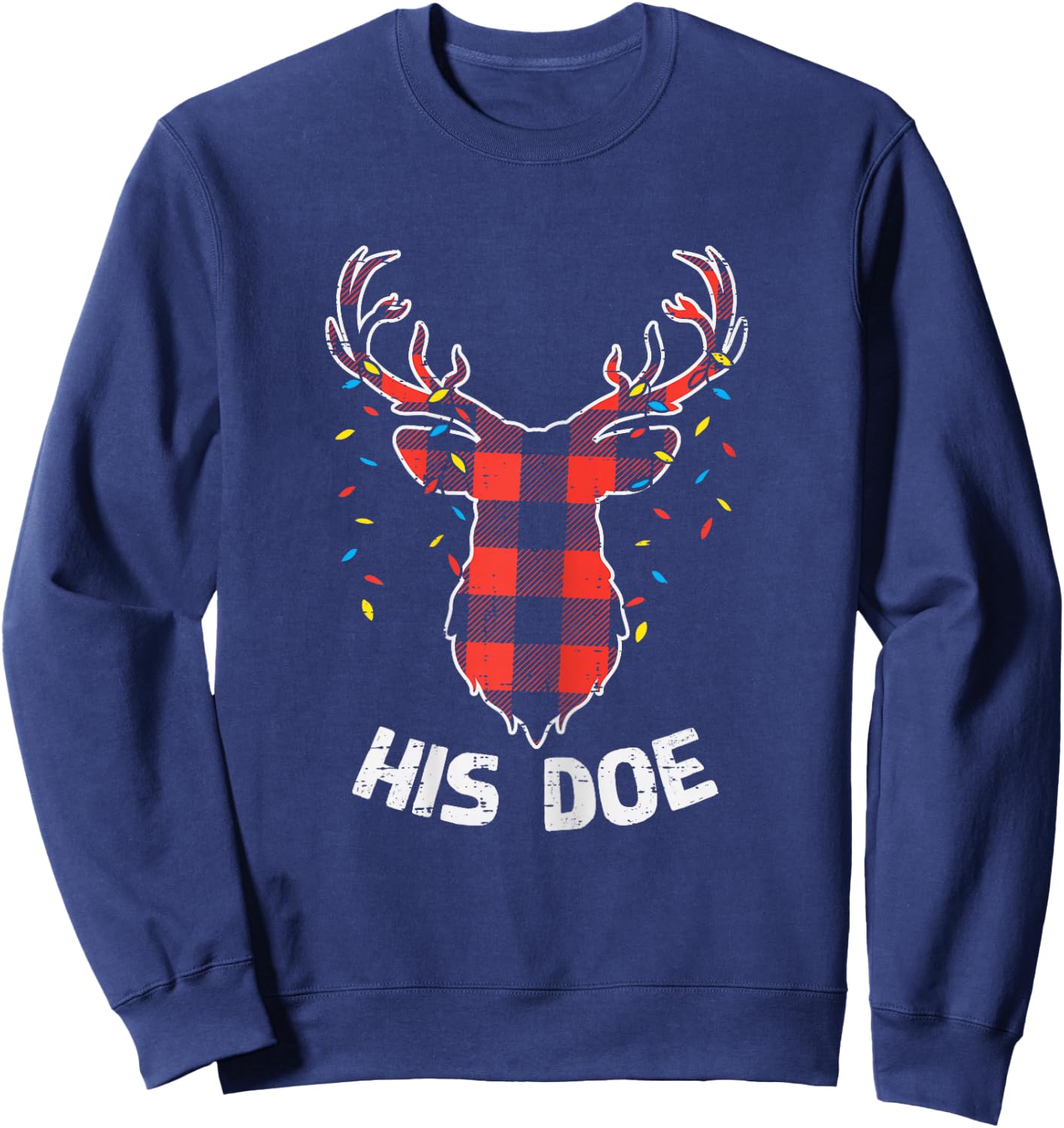 Plaid Reindeer His Doe Matching Christmas Couple Women PJ Sweatshirt - Sweatshirt | Navy