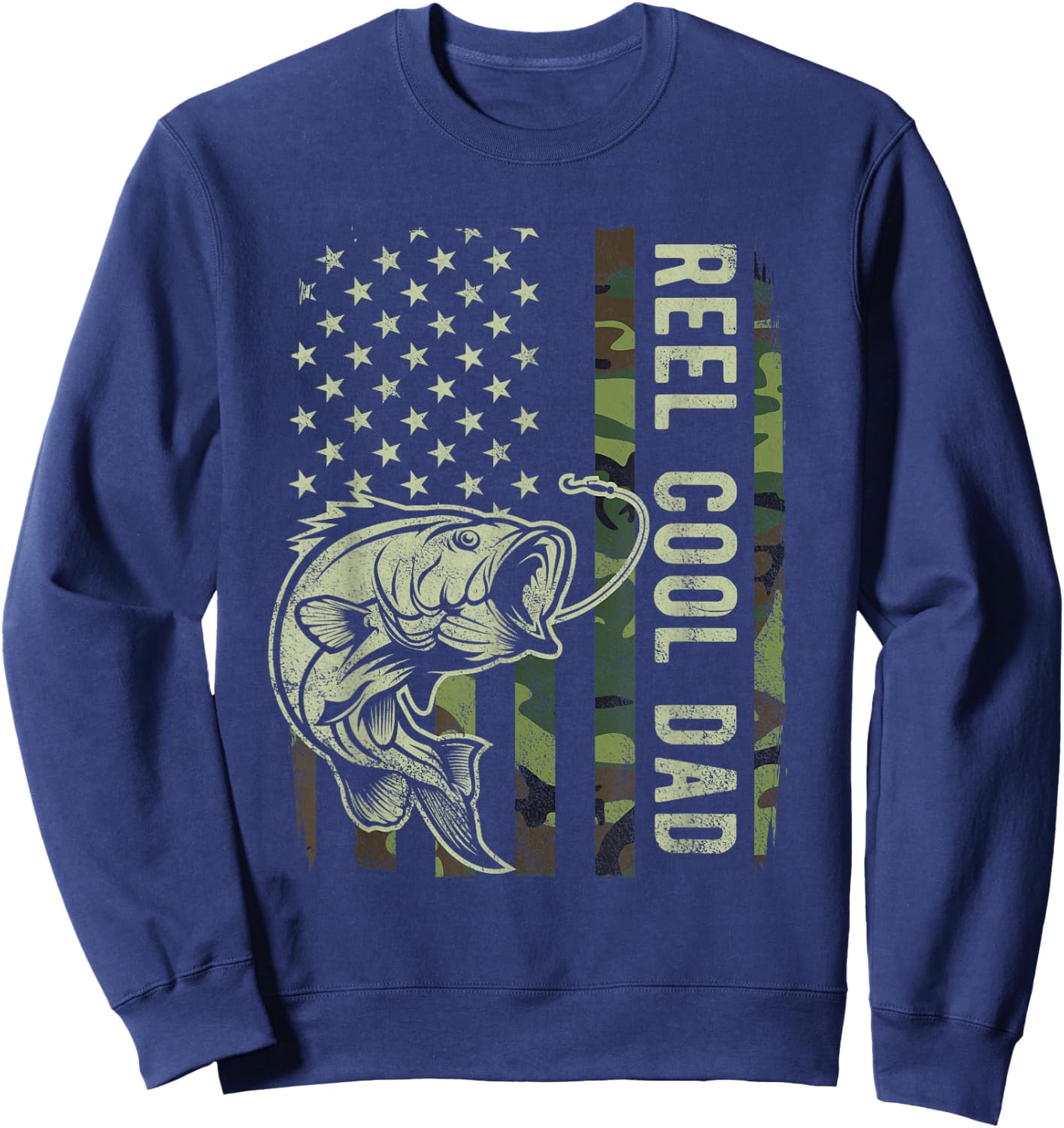 Reel Cool Dad Camouflage American Flag Bass Fish Fisherman Sweatshirt - Sweatshirt | Navy