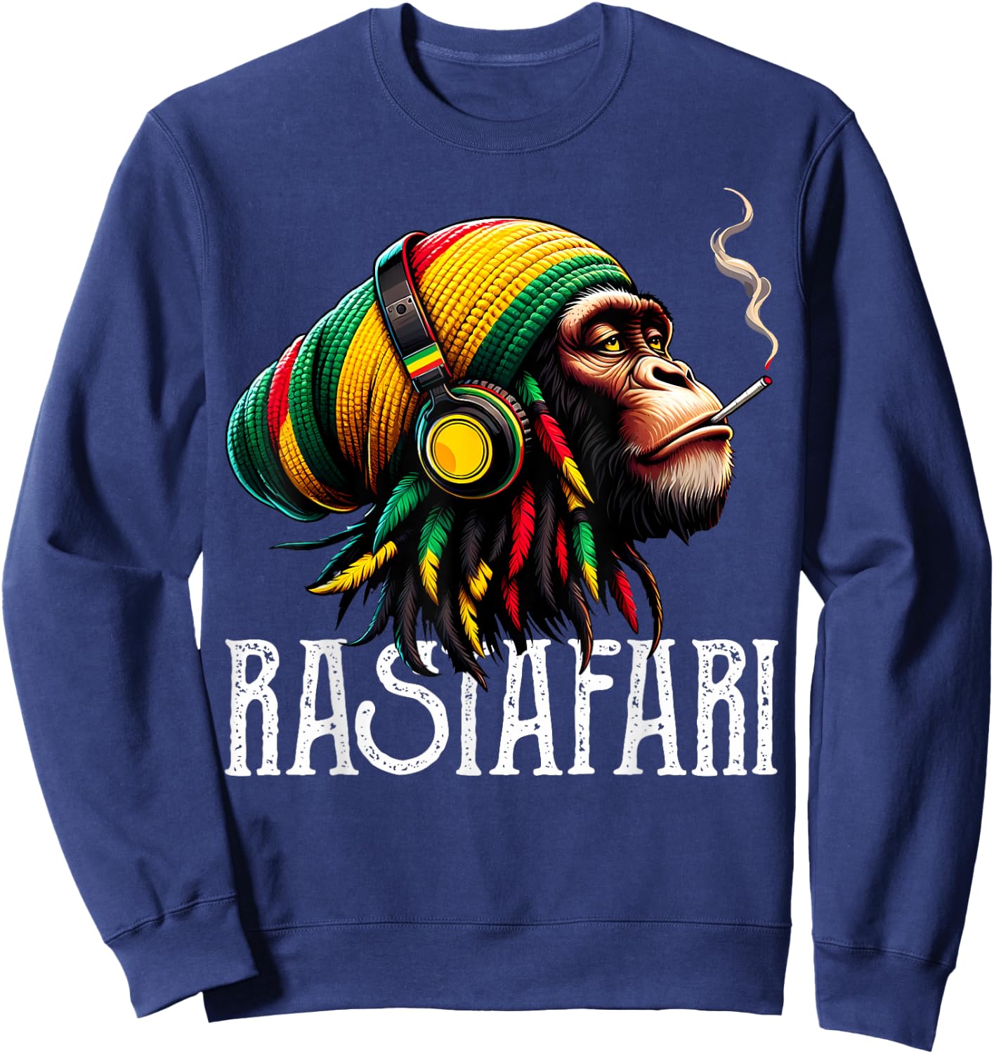 Jamaican Roots Reggae Chimpanzee Headphones Rastafari Sweatshirt - Sweatshirt | Navy