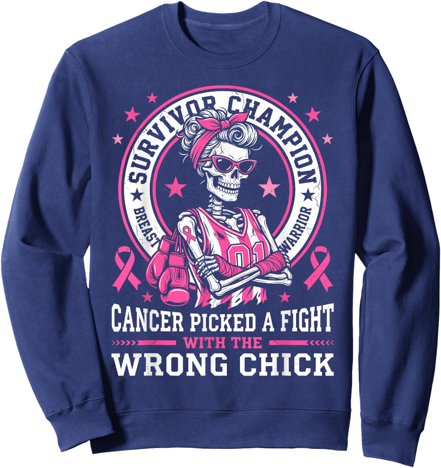 Cancer Picked A Fight with The Wrong Chick Breast Cancer Gag Sweatshirt - Sweatshirt | Navy