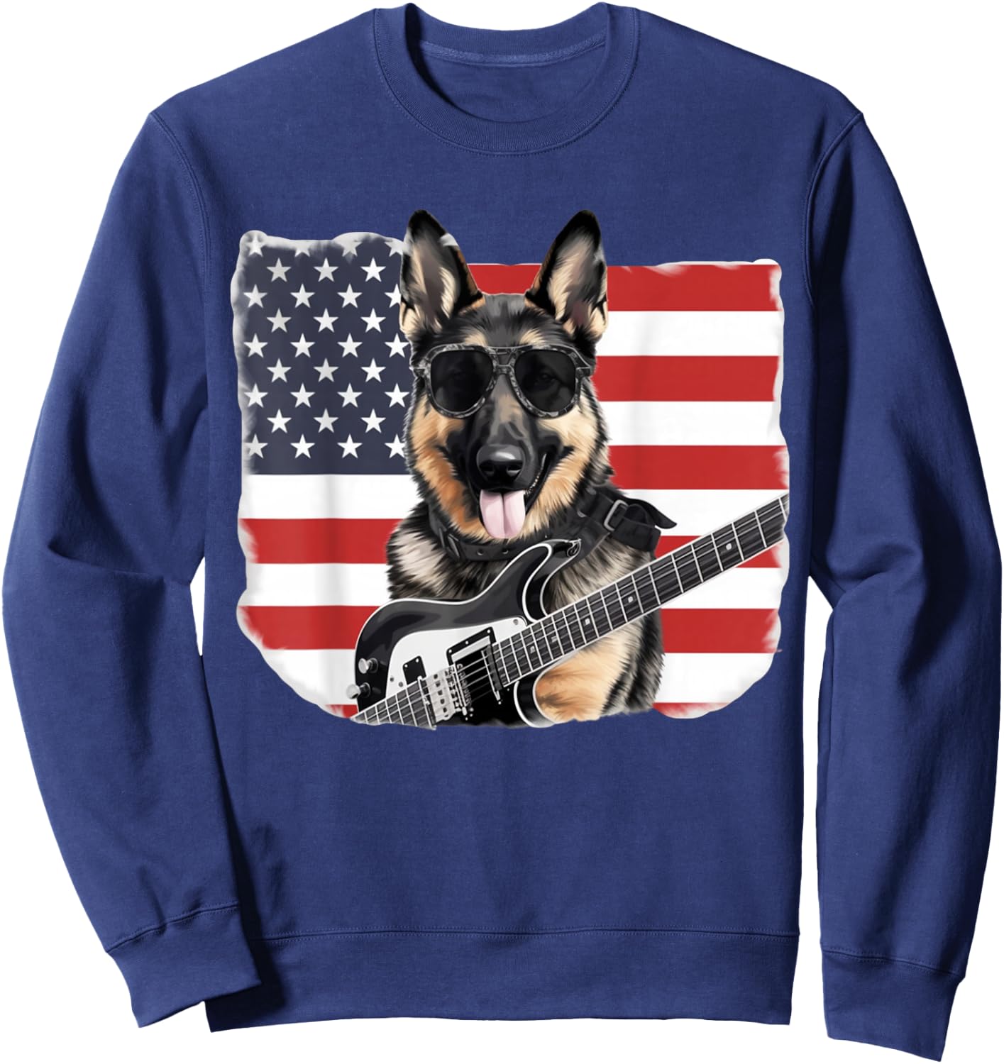 Sunglasses German Shepherd Guitar Rock & Roll American Flag Sweatshirt - Sweatshirt | Navy