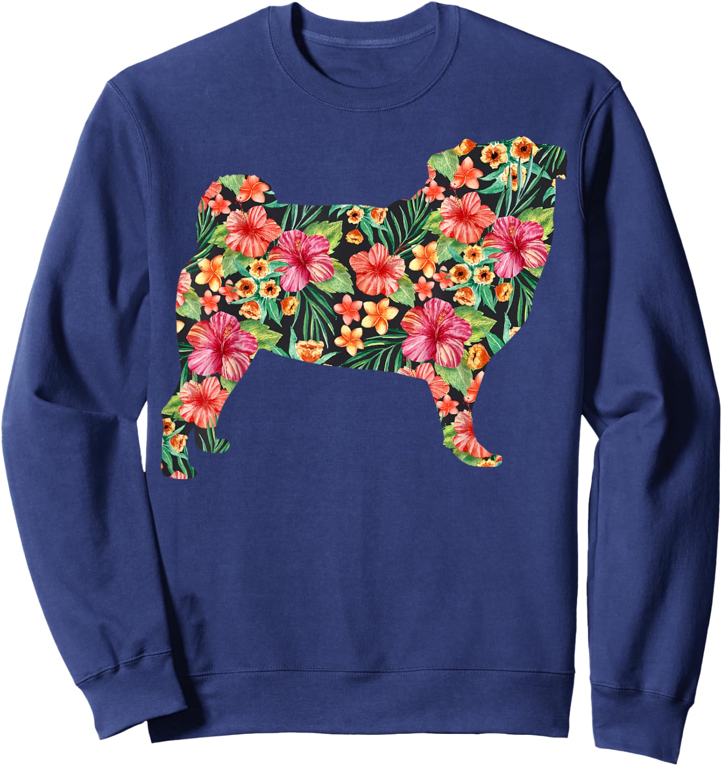 Pug Flower Funny Dog Silhouette Floral Gifts Women Men Sweatshirt - Sweatshirt | Navy