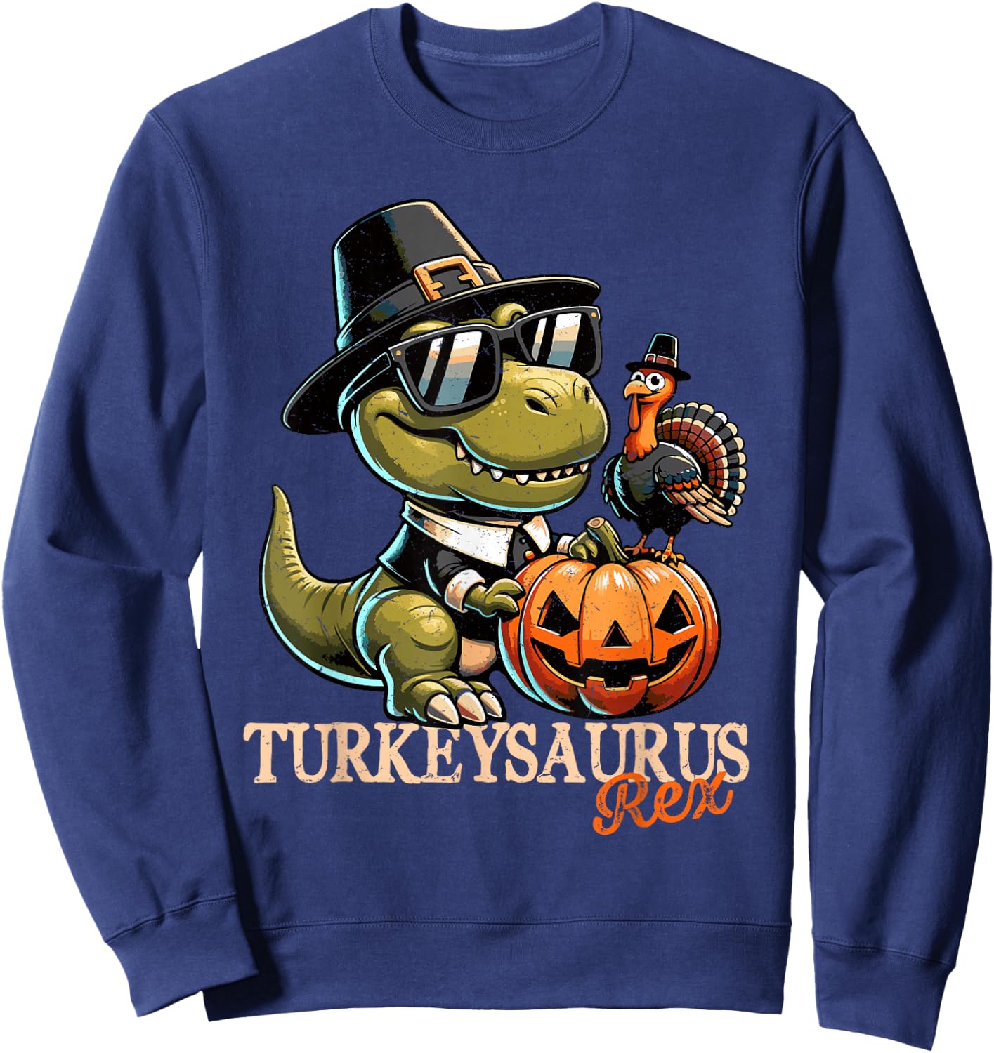 Dinosaur Thanksgiving Outfit Fall Boys Kids Toddler Turkey Sweatshirt - Sweatshirt | Navy