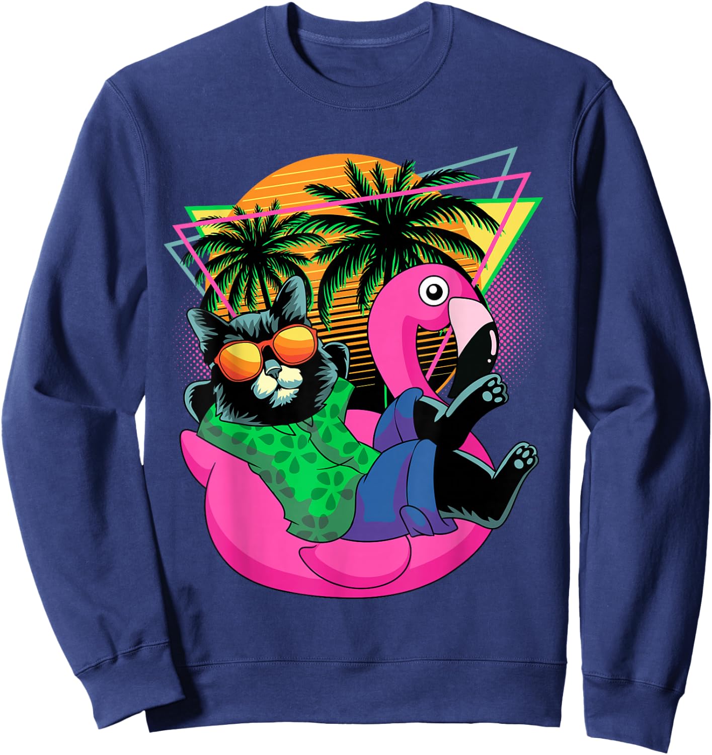 Retro 80s 90s Flamingo Cat Gifts Men Kids Women Funny Cat Sweatshirt - Sweatshirt | Navy
