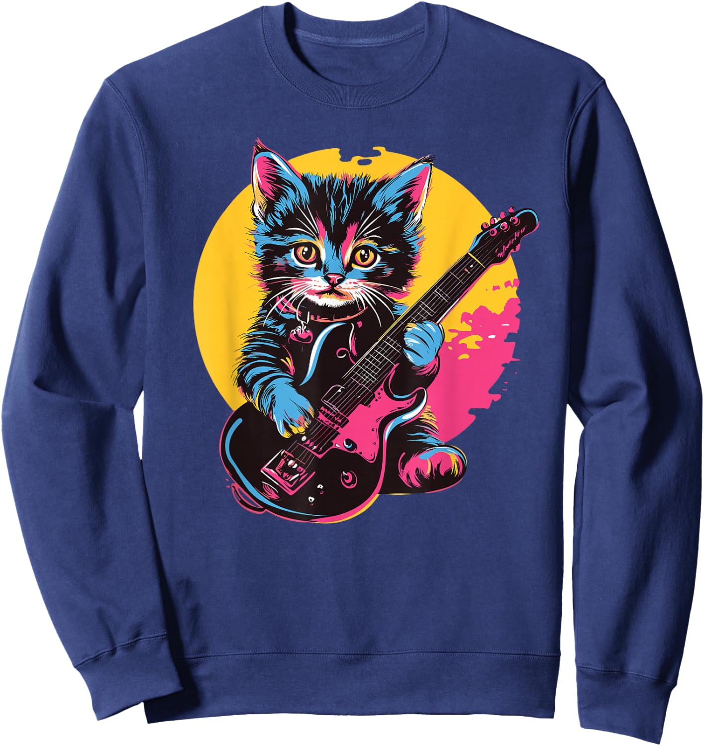 Cute Kitten Playing Guitar Rock Style , Black, S Sweatshirt - Sweatshirt | Navy