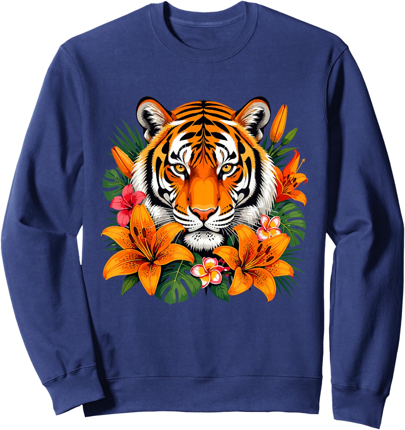 Tropical Tiger with Orange Lilies Jungle Flowers Sweatshirt - Sweatshirt | Navy