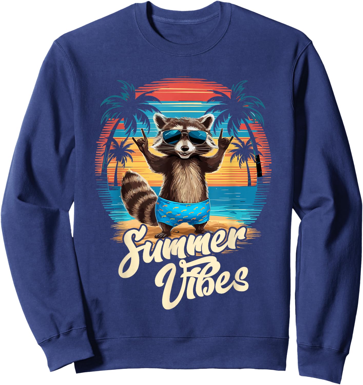 Beach Caribbean Party Hawaii Holiday Surfer Raccoon Summer , black Sweatshirt - Sweatshirt | Navy
