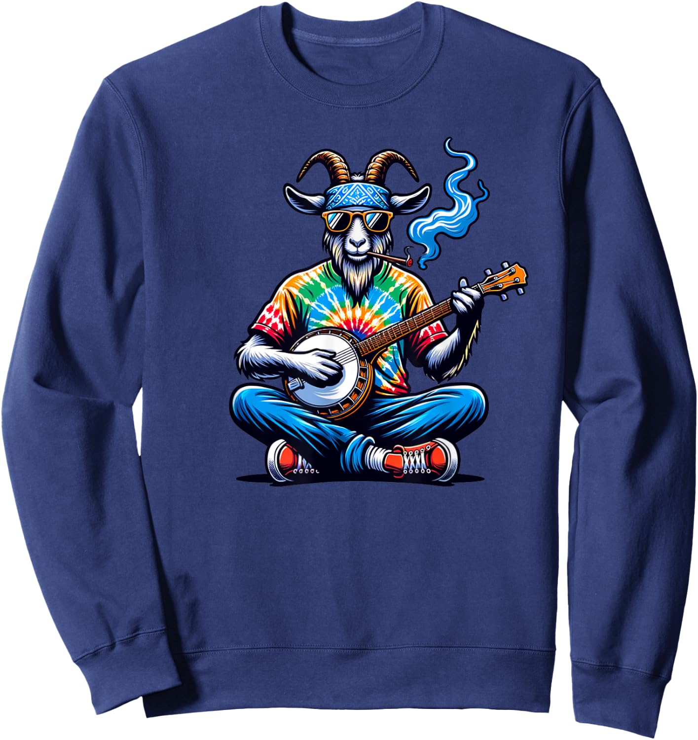 Goat Playing Bluegrass Music on a Banjo Wearing Tie Dye Sweatshirt - Sweatshirt | Navy