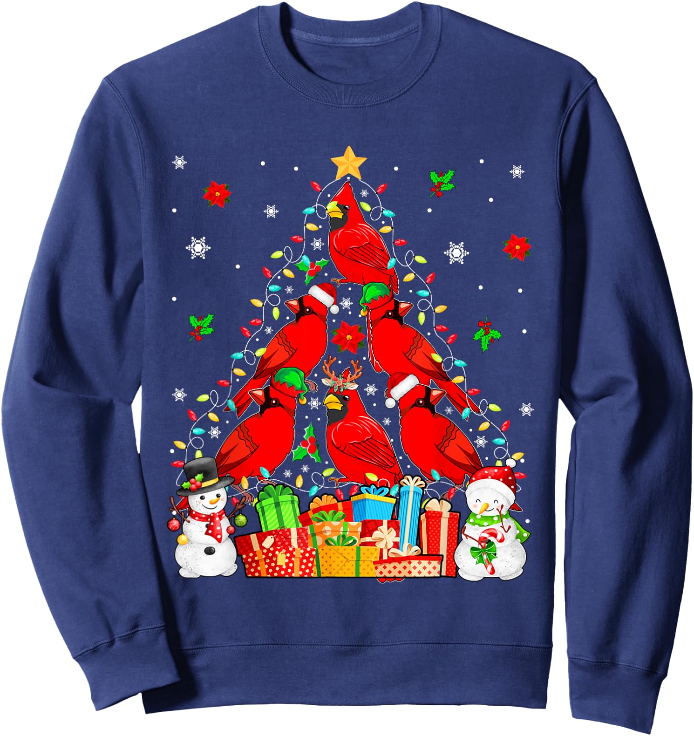 Group Santa Reindeer Elf Cardinal Birds As Xmas Tree Snowmen Sweatshirt - Sweatshirt | Navy